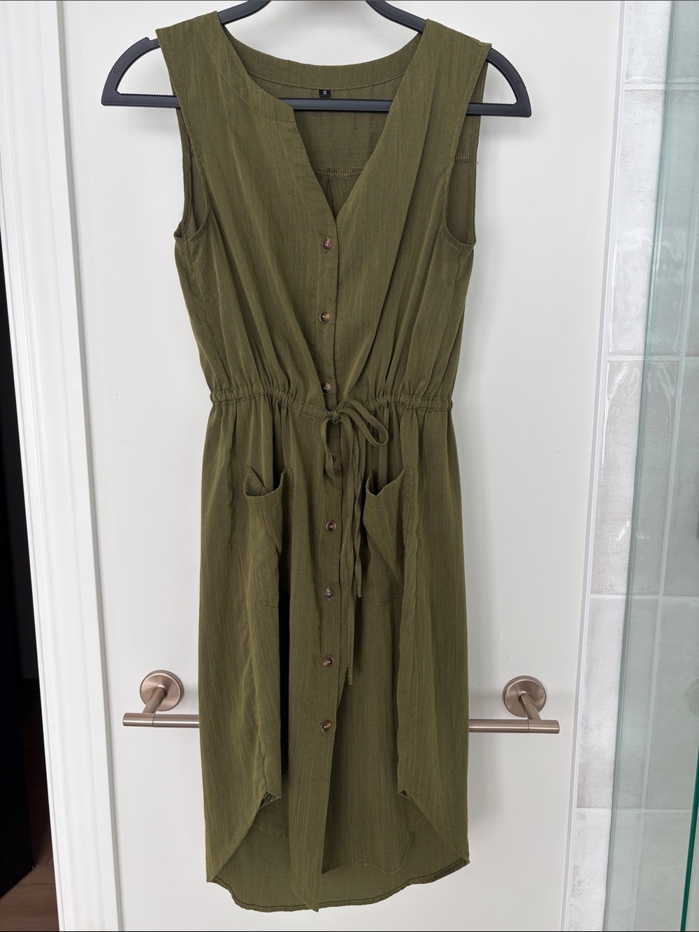 Sleeveless Button-Front Olive Green Drawstring Dress